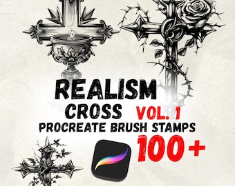 Sellos de cruz realistas para Procreate / Plantillas de tatuaje negras y grises / Paquete de pinceles de línea fina inspirados en catedrales