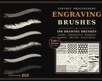 Procreate Engraving Brush Set, 100+ Ink Liner, Crosshatch, Woodcut & Stipple Drawing Brushes for iPad, Vintage Printmaking Kit