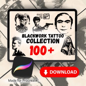 Puede incluir: Una tableta digital muestra una colección de tatuajes de trabajo negro con más de 100 diseños. La colección incluye ilustraciones de un bufón, un hombre con una pistola y una cara. Un botón rojo "DESCARGAR" está en la parte inferior.