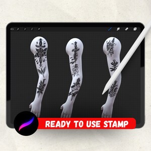May include: Digital tattoo designs displayed on a tablet screen. The designs feature black ink illustrations of daggers, roses, and banners. The text "READY TO USE STAMP" is displayed in a red banner.