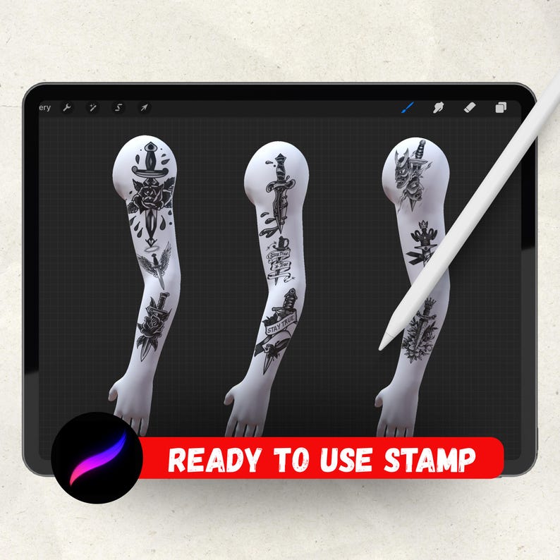 May include: Digital tattoo designs displayed on a tablet screen. The designs feature black ink illustrations of daggers, roses, and banners. The text "READY TO USE STAMP" is displayed in a red banner.