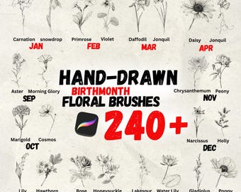 Sellos Procreate de flores de nacimiento / Paquete de 12 meses / Plantillas de tatuajes florales de línea fina