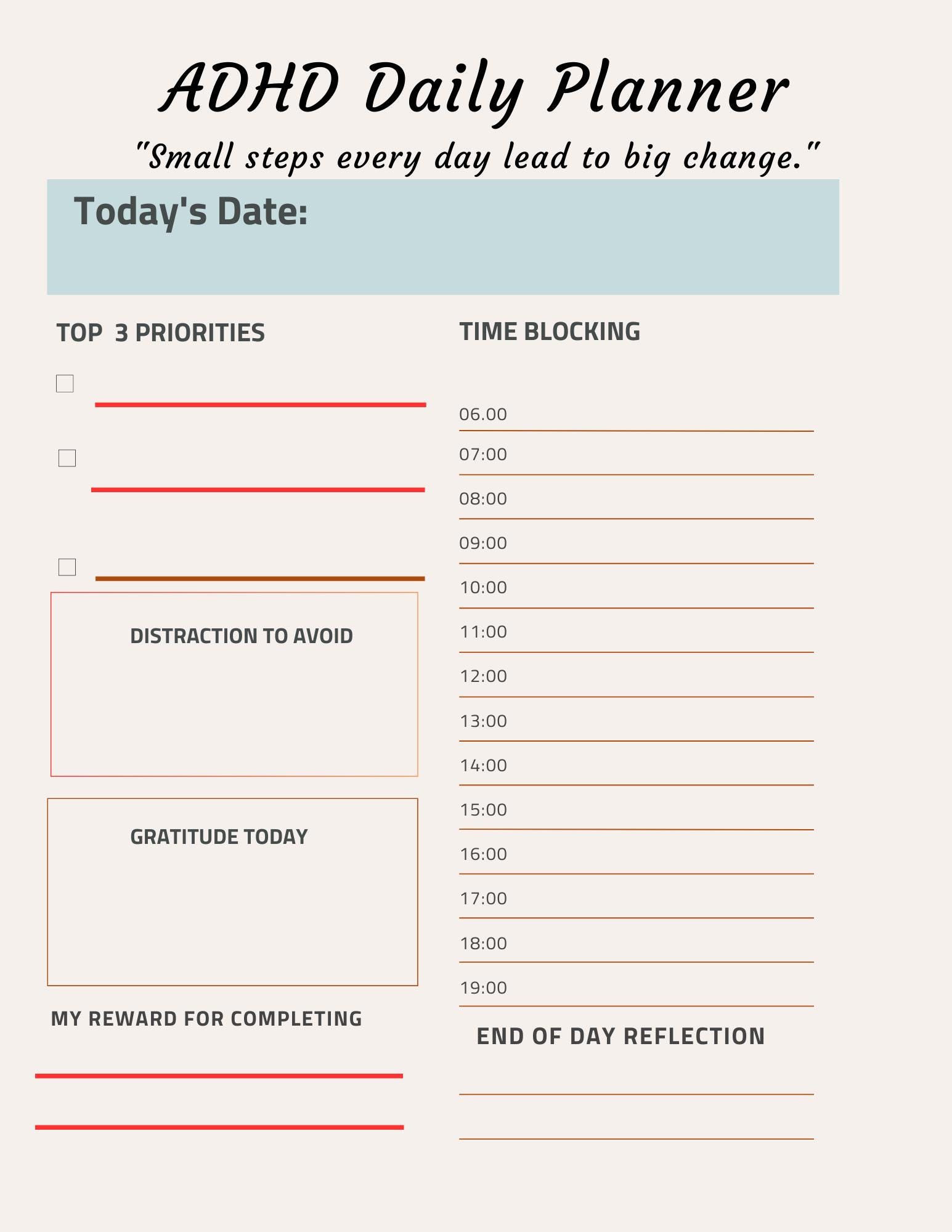 ADHD Daily Planner Printable PDF | Time Blocking, Priorities, Gratitude ...