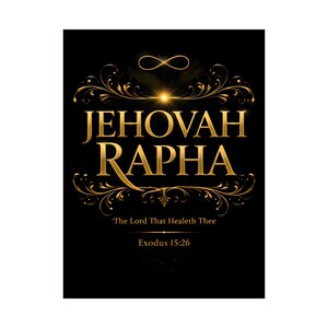 Jehovah Rapha Wall Art Poster, Christian Scripture Print, Gold on Black Satin 300gsm