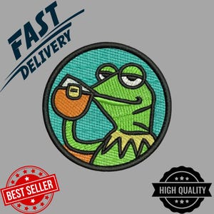 Meme Frog Embroidery Patch – Funny Tea-Sipping Frog Iron-On/Hook & Loop Patch for Jackets, Hats and Backpacks – Circle Patch Design