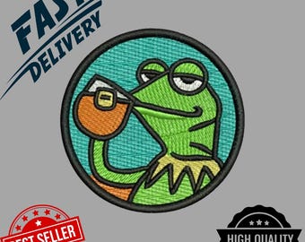 May include: Embroidered patch featuring Kermit the Frog, holding a drink, within a teal circle. The frog is green with a yellow collar and black outlines. The patch has the text "FAST DELIVERY" and "BEST SELLER" and "HIGH QUALITY" on the image.