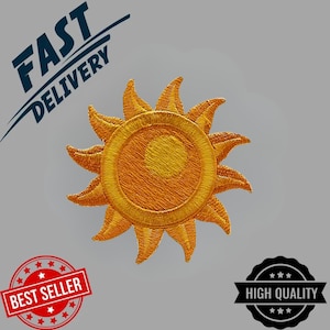 May include: Embroidered patch featuring a stylized sun with radiating rays in shades of yellow and orange. The patch has a detailed, textured appearance. The words "FAST DELIVERY", "BEST SELLER", and "HIGH QUALITY" are also visible.