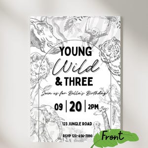 Third birthday Invitation Template, Young, Wild and Three (Editable Canva Invitation)