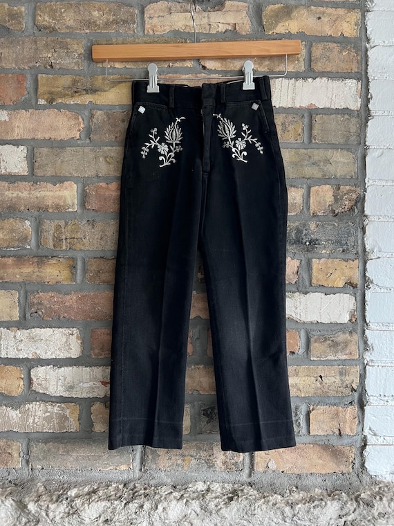 Kids Vintage 1950s H Bar C Western Pants, Black Embroidered