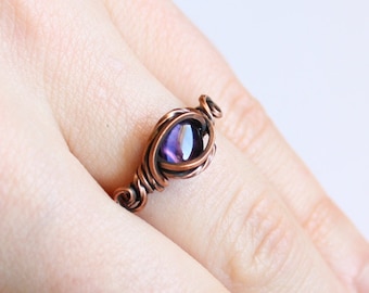 Wire Wrapped Ring - Amethyst and antiqued Copper - Elegant swirls Solitaire purple Gemstone Ring | US size 7.25