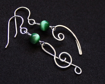 Treble and Bass Clef Earrings - Sterling Silver and CHOICE of Cat's Eye Bead Color - Music Lover Piano Musical Jewelry