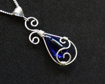 Royal Blue Teardrop Swirl Pendant - Rich Blue Pear Glass Briolette and Silver Wire Wrapped Dangle | "Lydia"