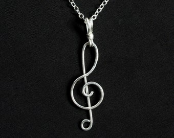 Treble Clef Pendant Necklace - Silver Wire Wrapped - Piano Lover Musical Jewelry - Music Teacher Gift
