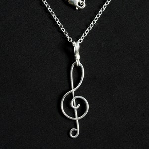 Treble Clef Pendant Necklace - Silver Wire Wrapped - Piano Lover Musical Jewelry - Music Teacher Gift