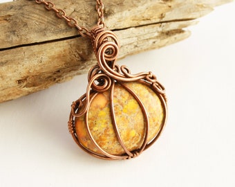Pumpkin Pendant Necklace with Antique Copper and Orange Regalite Stone - One of a Kind Fall Harvest Autumn Thanksgiving Jewelry