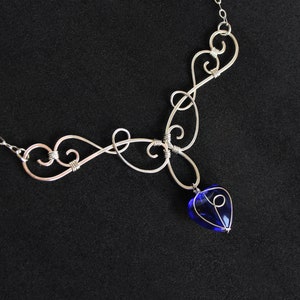 Elegant Wire Wrapped Necklace - Silver and Royal Blue Glass Heart - Elven Elvish Celtic Inspired Jewelry - Collar Bib Bar Necklace