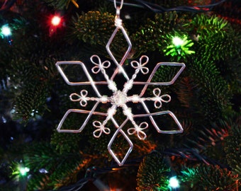 Metal Snowflake Christmas Tree Ornament - Silver Aluminum & Crystal Wire Wrapped - Handcrafted Holiday Gift - White Christmas Sparkling Snow