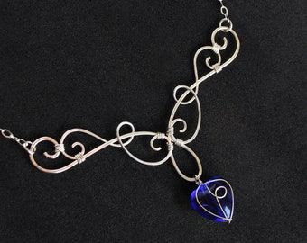 Elven / Victorian Swag Necklace - Silver Wire Wrapped and Cobalt Blue Glass Heart - Elegant Elvish Celtic Inspired Jewelry