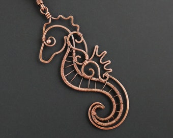 Seahorse Pendant Necklace - Wire Wrapped Antique Copper | Marine Wildlife Ocean Beach Jewelry