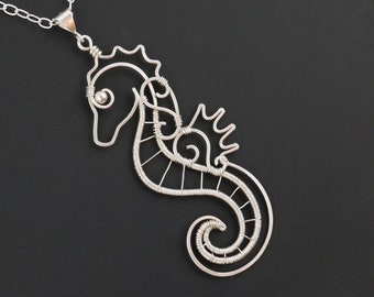 Seahorse Pendant Necklace - Sterling Silver Wire Wrapped | Marine Wildlife Ocean Beach Jewelry