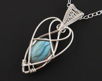 Sterling Silver Labradorite Pendant - Elegant Wire Wrapped One of a Kind Necklace - Elven / Celtic Design | "Cordelia"