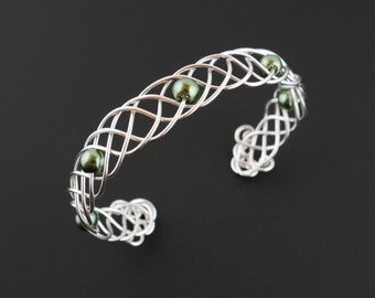 Celtic Braid Bracelet - Olive Green Glass Pearls and Non-tarnish Silver Cuff Bracelet - Wire Wrapped Weave