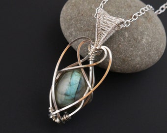 Sterling Silver Labradorite Pendant - Elegant Wire Wrapped One of a Kind Necklace - Elven / Celtic Design | "Cordelia"