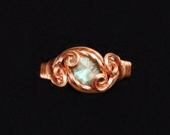 Wire Wrapped Ring - Green Labradorite and Bright Copper - Elegant Swirls Solitaire Green Gemstone Ring | "Michelle" Design | US size 7