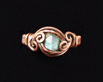 Wire Wrapped Ring - Green Labradorite and Antiqued Copper - Elegant Swirls Solitaire Green Gemstone Ring | "Michelle" Design | US size 8