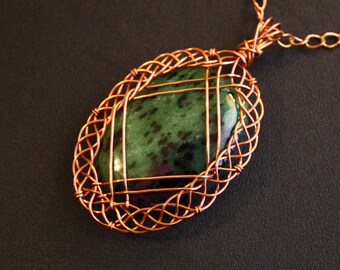 Green Zoisite and Copper Wire Wrapped Pendant Necklace - OOAK - Celtic Braid