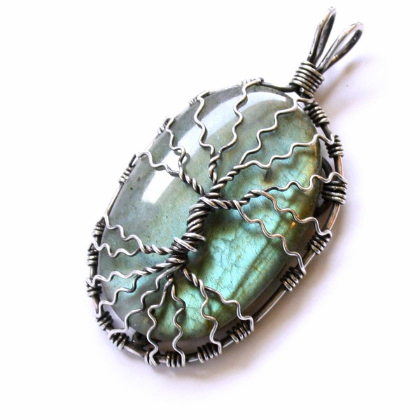 Labradorite Tree of Life Pendant Necklace - Silver Wire Wrapped Blue Green Flash Oval Cabochon - Elven Elvish Celtic Jewelry