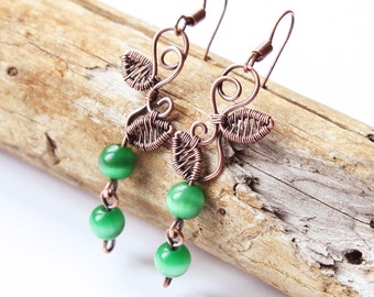 Leaves & Vines Earrings - Antiqued Copper Wire Wrapped and Choice of Cat's Eye Glass Stone - Elven Elvish Nature Jewelry