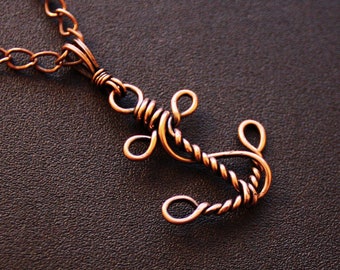 Anchor Pendant Necklace - Antiqued Twisted Copper Wire Wrapped - Sailor Sailing Navy Nautical Jewelry Gift