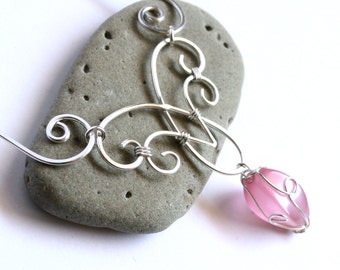 Elven Charm Necklace - Elegant Swirl Silver Wire Wrapped - Choice of Color Cat&#39;s Eye Glass Stone - Elvish Celtic