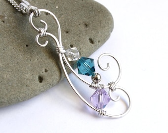 Swirling Wave Pendant - CHOICE of Color - Silver Wire Wrapped Necklace - Swarovski Crystal - Elven Teardrop Filigree