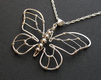 Silver Butterfly Pendant Necklace - Wire Wrapped Jewelry - Spring in Flight - Mother's Day Gift