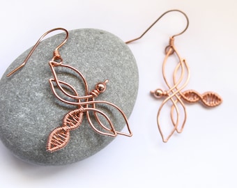 Dragonfly Earrings - Raw Copper Wire Wrapped - Spring Summer Insect Jewelry - Nature Lover Gift