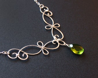 Teardrop Quartz Birthstone and Silver Wire Wrapped Necklace - Elegant Flower Celtic Swirls - Bridgette