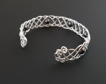 Celtic Braid Bracelet - Black Hematite and Silver Cuff Bracelet - Wire Wrapped Weave