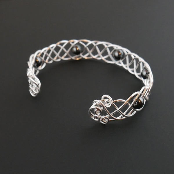 Bracelet tresse celtique - Bracelet manchette en argent et hématite noire - tissage enroulé