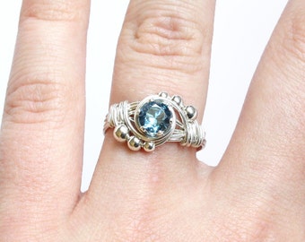 Wire Wrapped Birthstone Ring - Sterling Silver and CHOICE of Faceted Gemstone - Custom Size Made to Order
