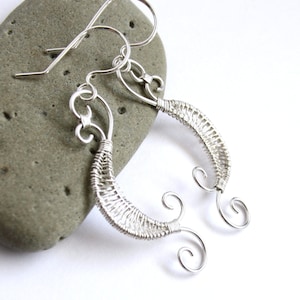 Crescent Moon Wire Wrapped Earrings -  Silver Weave Swirl Dangle - Elven Elvish Fairy Earrings