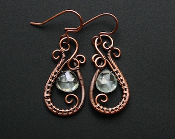 Teardrop Swirl Dangle Earrings - Faceted Moss Green Quartz Briolettes & Copper Wire Weave Jewelry | "Harmony" Earrings