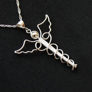 Wire Wrapped Caduceus Pendant Necklace in Sterling Silver | Medical Symbol Jewelry - Gift for Doctor Nurse EMT Paramedic