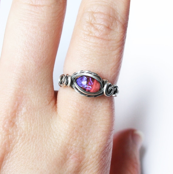 Wire Wrapped Ring - Dragon's Breath Fire Opal and Antiqued Sterling Silver - Elegant Swirls Solitaire Fiery Red Gemstone Ring | Custom Size