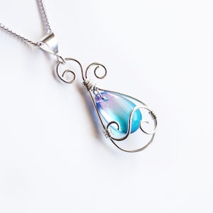 Mermaid Teardrop Swirl Mini Pendant - Teal Pink Purple Pear Glass Briolette and Silver Wire Wrapped Dangle | "Lydia"