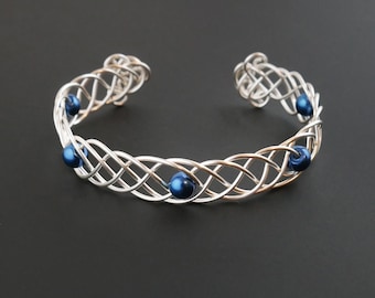 Celtic Braid Bracelet - Cobalt Blue Glass Pearls and Silver Cuff Bracelet - Wire Wrapped Weave