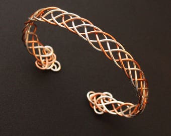 Celtic Braid Bracelet - Silver and Copper Mixed Metal Cuff Bracelet - Wire Wrapped Weave