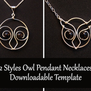 May include: Two styles of owl pendant necklaces. The first necklace features a circular owl pendant with a simple design. The second necklace features a more detailed owl pendant with a round shape.