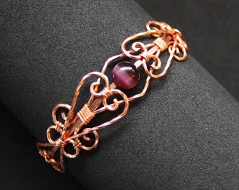 Elegant Swirls Cuff Bracelet - Amethyst Purple Cat's Eye Glass Bead and Bright Copper Wire Wrapped | "Juliette"